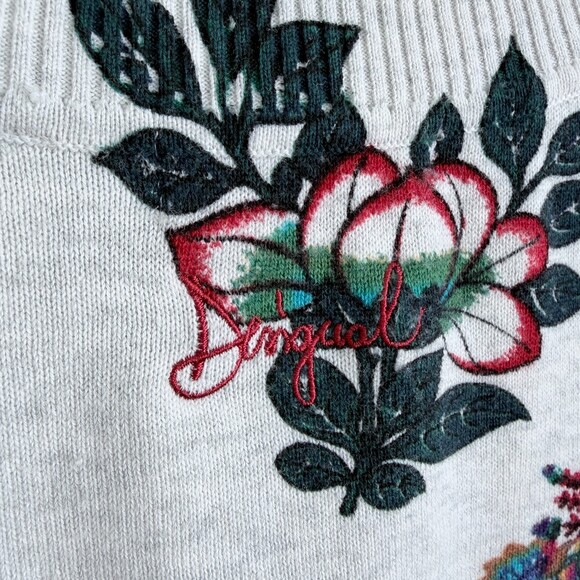 Desigual Knit Sweater Lightweight Sequin Floral Teacher Gray Size Small - Picture 9 of 11